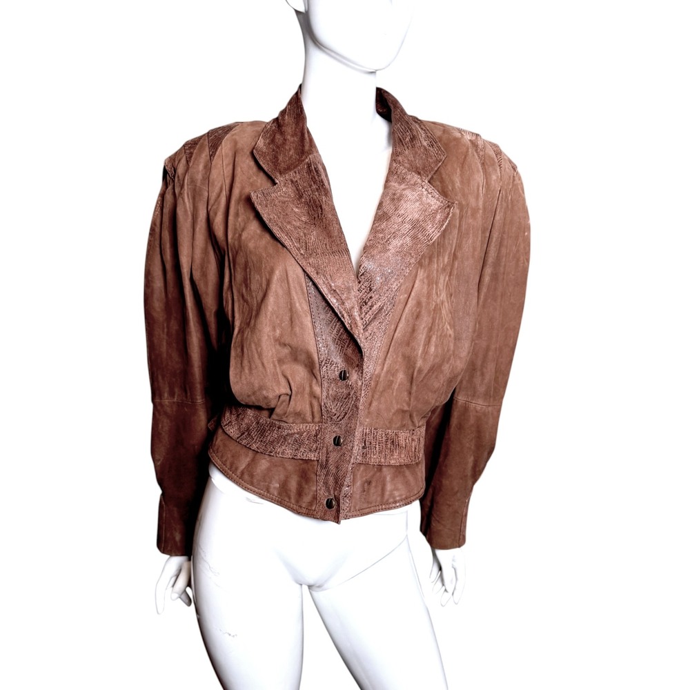 Vintage 80s Chia Brown Leather Suede Power Shoulder Jacket Embossed Accents L